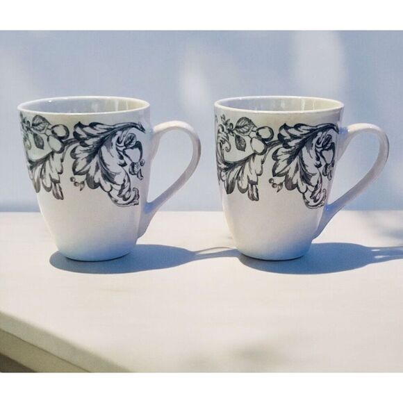 Royal Norfolk Coffee Tea Mug Floral Ceramic Black & White Cups Set Of 2 - Picture 1 of 5